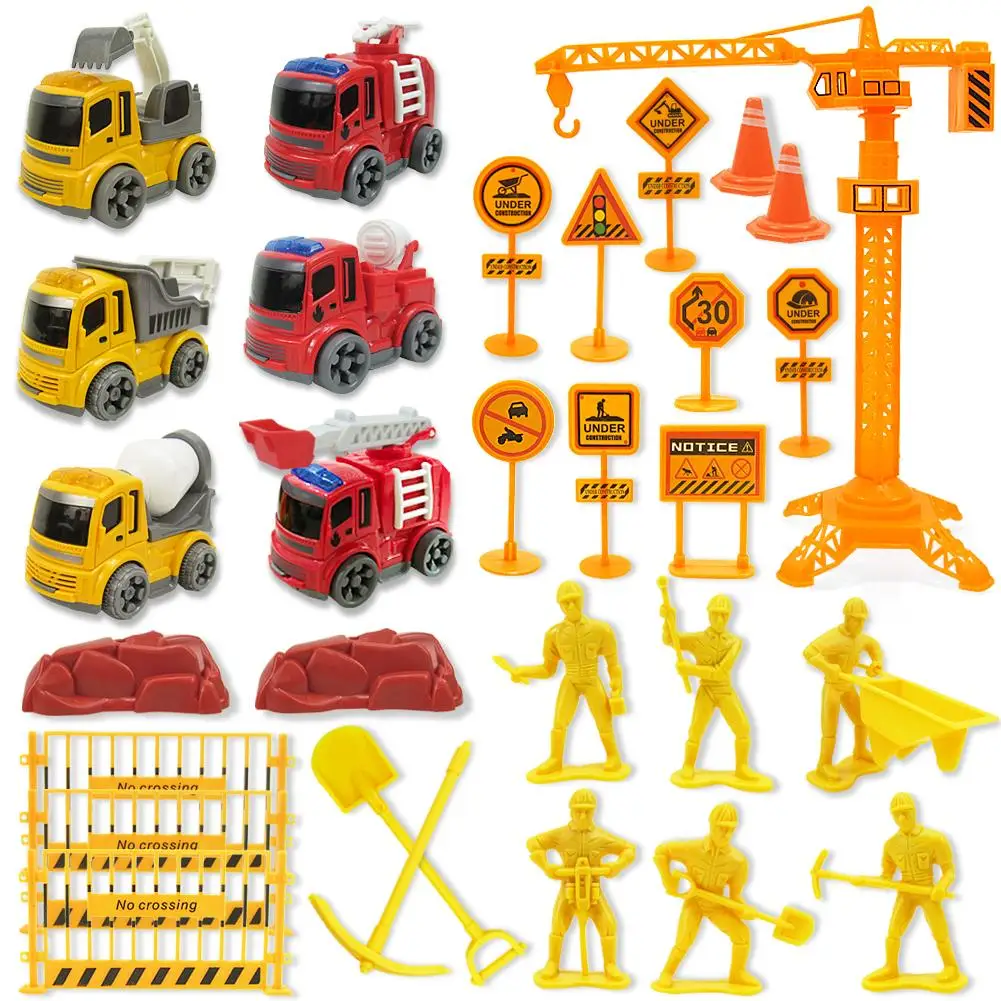

31Pcs Construction Vehicle Road Sign Fire Tuck Set Kids Toy DIY Model Scene Car Toys Gift with Play Mat Baby Carpet Rugs