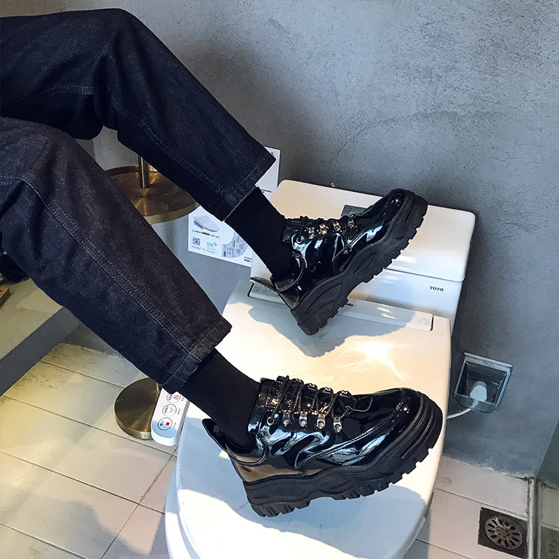 Platform Men Shoes Autumn Retro Black Patent Leather Shoes Casual