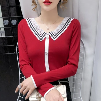 

Patched Lace Peter Pan Collar Cotton T-shirt Tops Tees Female Full Sleeve Patchwork Slim Buttons Crop Tshirt Tops For Women