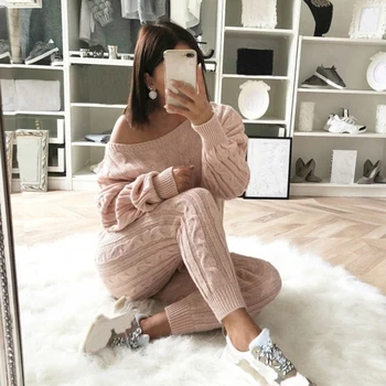 

JODIMITTY Spring tton Tracksuit Women 2 Piece Set O-Neck Shoulder Sweater Top And Elastic Waist Pant Knitted Suit