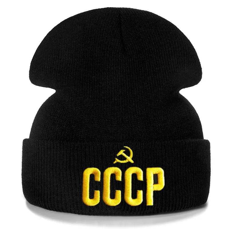 Новинка CCCP шапочка 3D золотая вышивка Повседневная зимняя шапка для мужчин и женщин теплая вязаная шапка сплошной цвет уличная унисекс шапка бини шапка - Цвет: Black