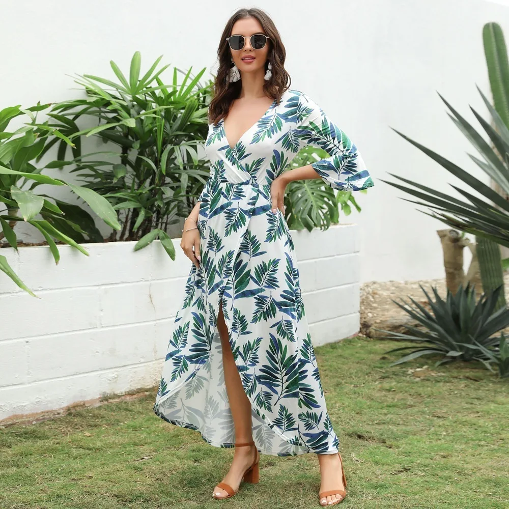 

Casaul Leaves Printed Women Dress Asymmetrical Half Sleeve V-Neck Split Ruched Boho Dress Ladies Maxi Summer Dress Vestidos 2020