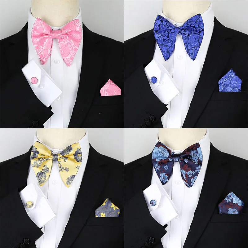 

Men's Bowtie Fashion Flower Pocket Square Cufflinks Three-piece Suit Polyester Jacquard Retro Boys Cufflinks Gifts for Men