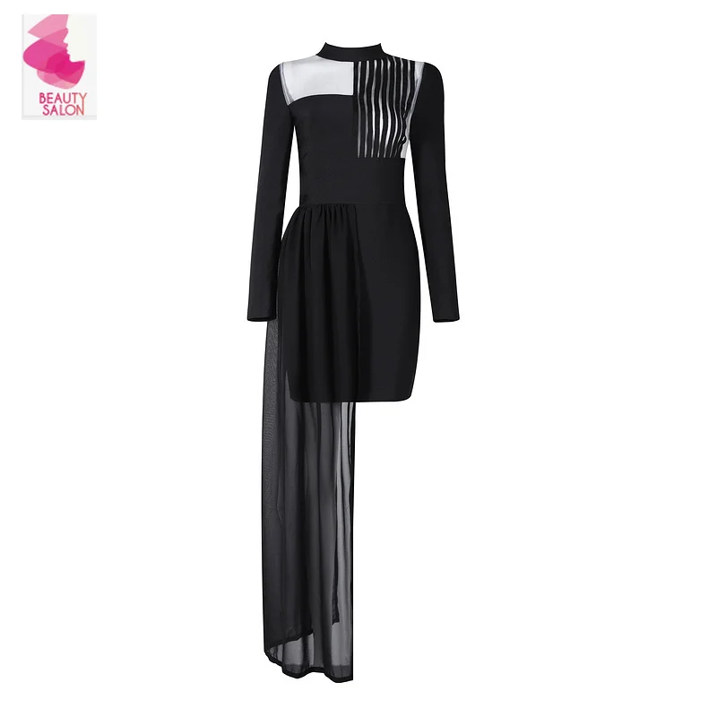 

Asymmetric Black Long Sleeve Mesh Patchwork Rayon 2016 New Fashion Turtleneck Bodycon Bandage Dress