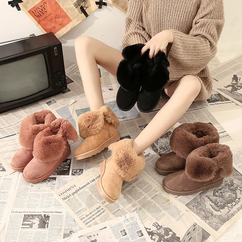 New Winter Women Plush Warm Snow Boots Sequins Rabbit Hair Ankle Boots Thicken Cotton Boots Shoes Zapatos De Mujer Botas