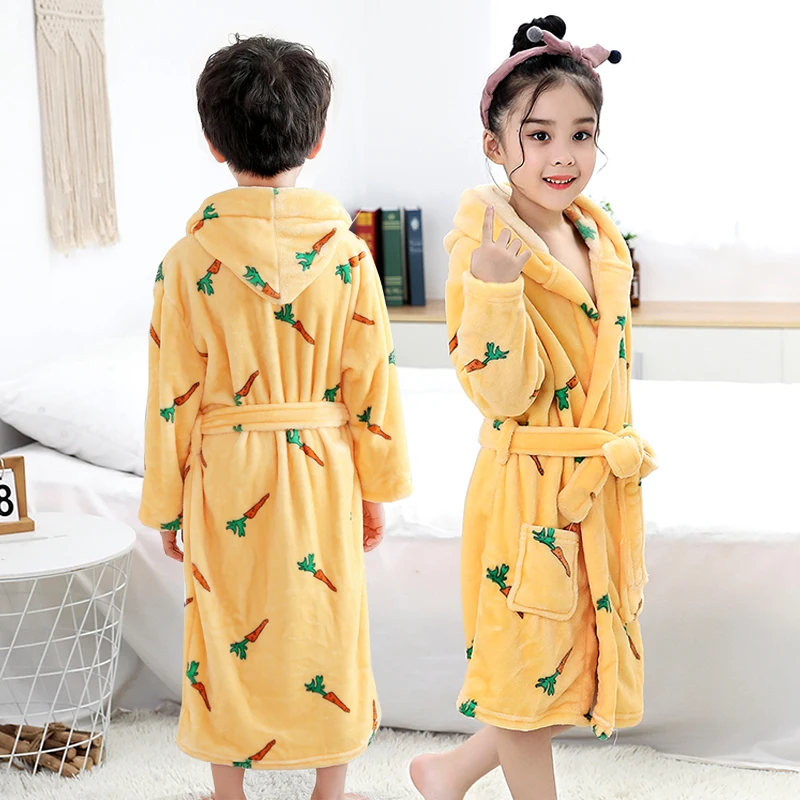 Flannel Bathrobe for Boys and Girls Hooded Bear Bathrobes Kids Baby Dressing Gowns Children Winter Sleepwear 4-14T