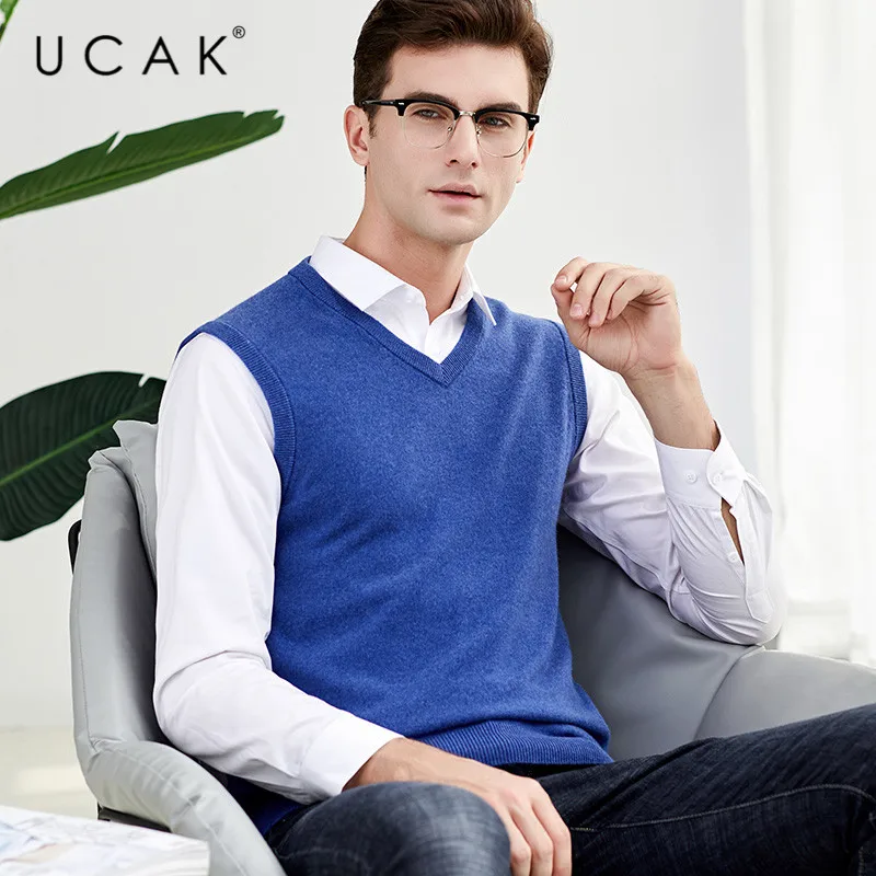 60% OFF UCAK Brand Solid Pure Merino Wool Nine Colors Sweater Vests 2019 New Autumn Winter Casual Pull Homme Streetwear Sweaters U3121