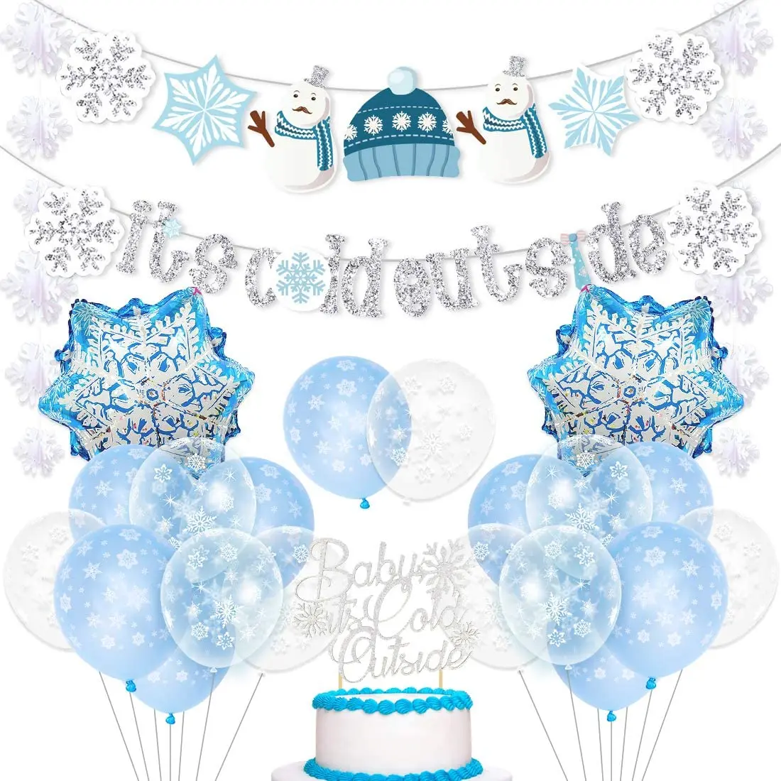 

Baby It’s Cold Outside Baby Shower Party Decorations Blue Snowflake Balloons Set Cake Topper for Girls Birthday Party Supplies