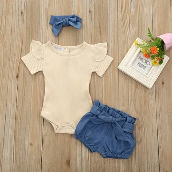 

Newborn Baby Girls Outfits Clothes Cotton Solid Romper Jumpsuit + Denim Shorts+Headband Sweet Set Summer Clothing New