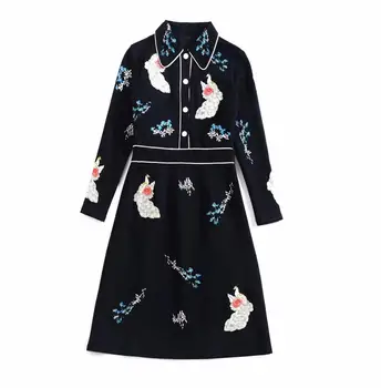 

European and American women's clothing 2019 winter new style Embroidered long-sleeved lapel Fashionable black dress