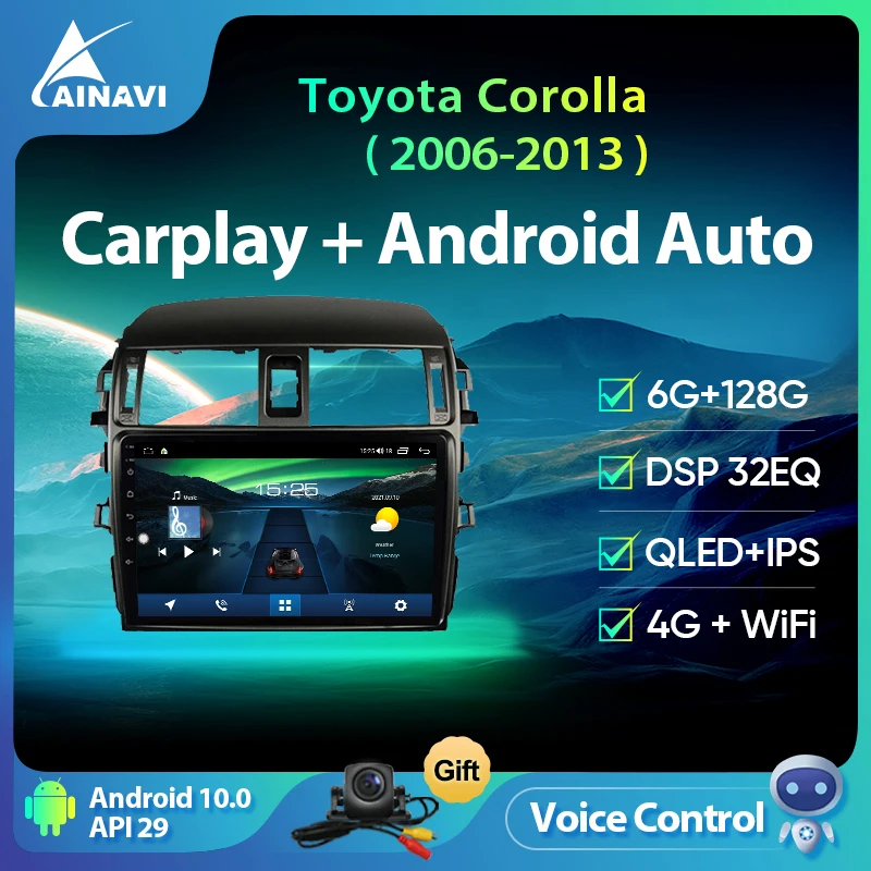 Ainavi AI Voice Android 10 QLED 6 + 128G 8 ядер радио для Toyota Corolla 2006-2013 Carplay Автомобильный