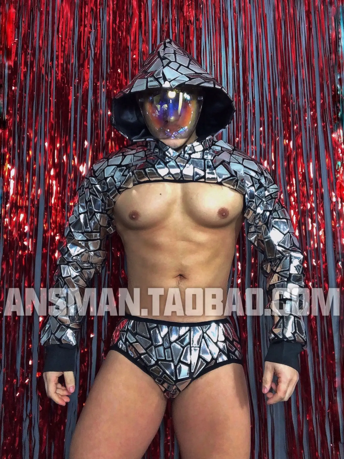 Men Set Silver Mirrored Hooded Sweater+Briefs Suit New Bar Nightclub Singer Stage Gogo Clothing for Male Female Sexy Costumes | Мужская
