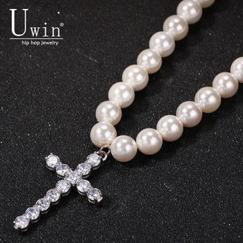 

Uwin Pearl Long Necklace Choker With Cubic Zirconia Cross Heads 8mm 10mm Shell Beads Pendant Hiphop Trendy Rock Jewelry