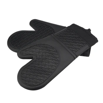 

1 pair Silicone Cotton Kitchen Microwave Non-Slip Easy To Clean Thick High Temperature Insulation Striped Gloves Black