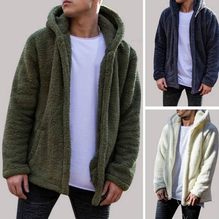Autumn Winter Mens Warm Hooded Fluffy Fleece Jacket Long Sleeve Windbreaker Loose Parka Men Green Plush Coat Thick Plus Size 3xl | Мужская
