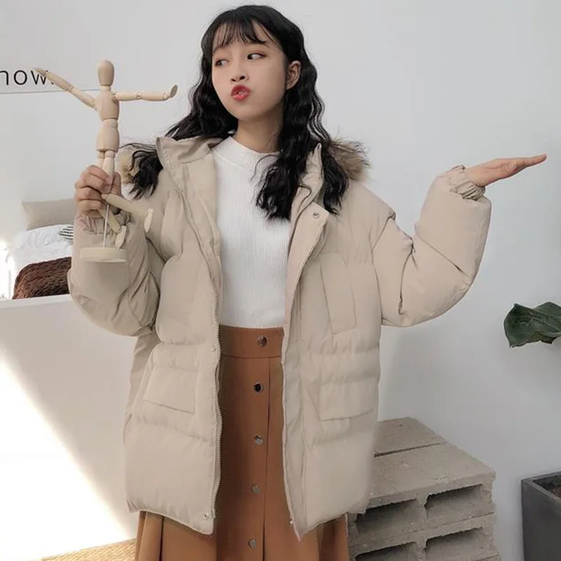 

Thick Fur Collar Mid-length Cotton-padded Jacket Winter Women's 2019 New Style Hong Kong Style INS Loose-Fit Coat Hooded Cardiga