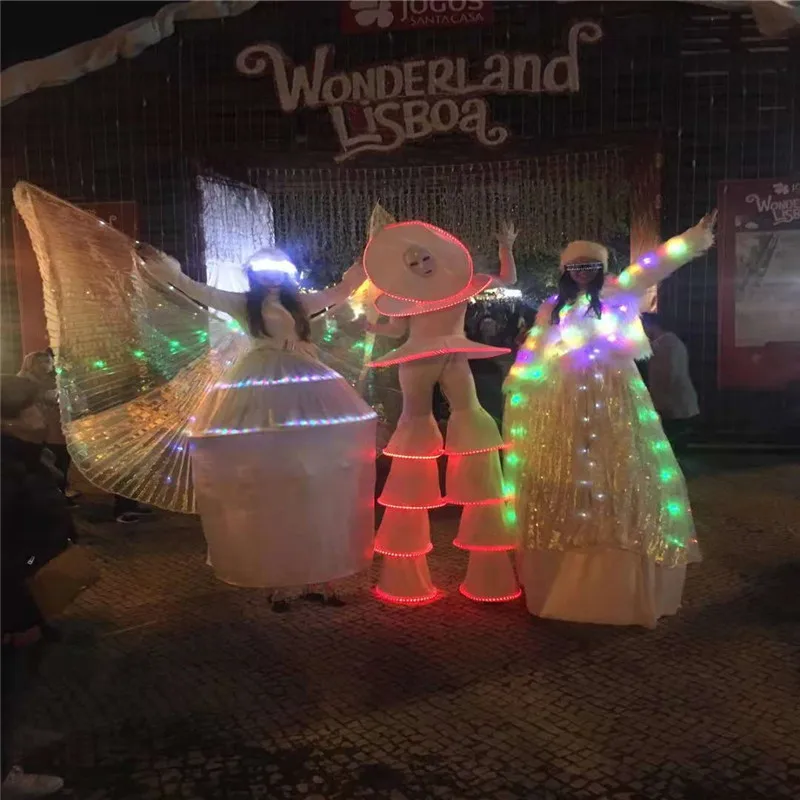 New Ballroom dance led costumes robot Stilt suit white luminous light