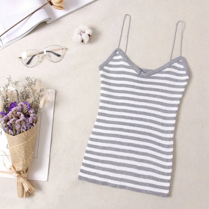 Women Summer Sexy Camisole Tanks Slim Casual Tank Tops Lady's Undershirt Solid Breathable Shoulder Vest For Female - Цвет: gray white stripes