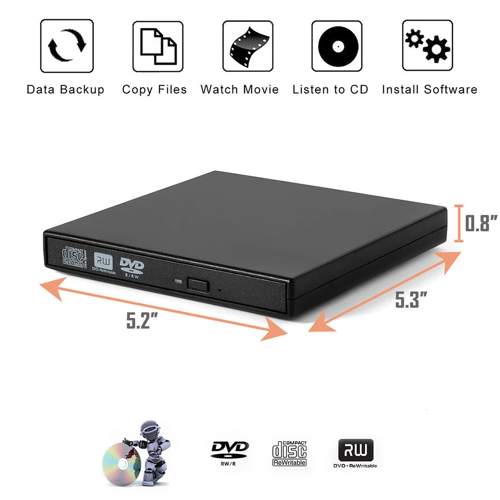  USB 2.0 External CD/DVD ROM Player Optical Drive DVD RW Burner Reader Writer Laptops PC Windows 7/8