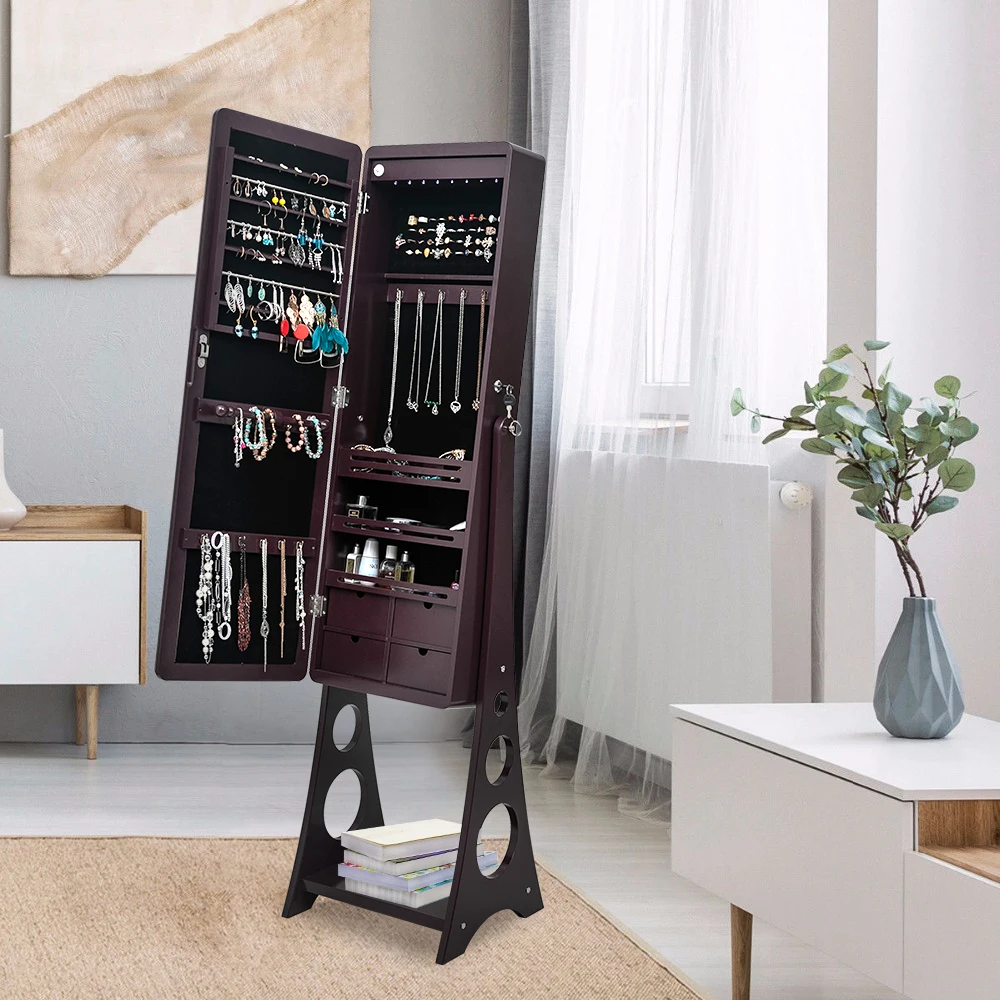 

Full Mirror Wooden Floor Standing 3-Layer Shelf 4 Drawers Led Lights Jewelry Storageadjustable Arc Mirror Cabinet - Dark Brown