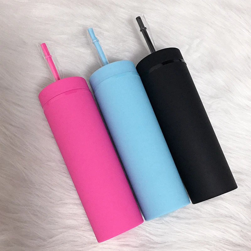 16oz Skinny Tumbler With Lids And Straw Matte Pastel Colored Reusable Plastic Cups Spray Painted Acrylic For Party Gifts |
