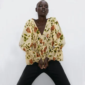 

ZA 2019 Autumn New Print V-neck Shirt Fashion Casual Bohemian Women Clothes Loose Trumpet Sleeve Shirt Vacation Party Travel