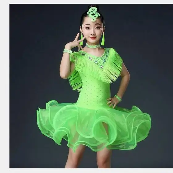 Children Organza Tassel Latin Dress 1pcs/lot girl rhinestone latin Tango Rumba Samba Costume dance dress latin dance accessory