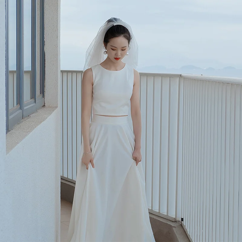 

Ivory White 2 Pieces Style Beach Bride Wedding Dresses 2020 Simple Lace Up Bridal Gowns Robe De Mariage