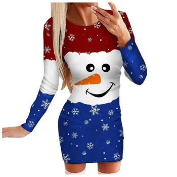 Autumn Winter Women Bodycon Santa Claus Printed Casual Mini Dress For Christmas, Party, Daily Wear.