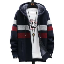Coat 2021 Sweater Men's Thick Striped Fleece Warm Zipper Wool Hooded Cardigan Jumpers Men Long Sleeve Knitted Sweaters Hombre