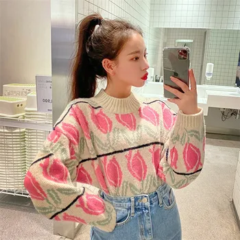 

Ins Korean Style Elegant Fashion O-neck Chic Floral Print Sweet Warm Light Simple Oversize Sweater for Ladies 2020 New Arrivals