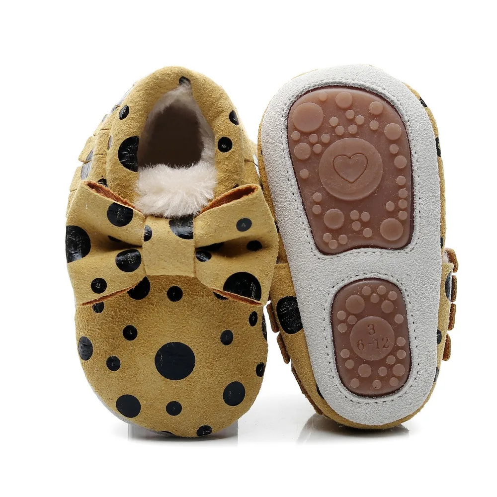 yellow dots New Winter Children chamois Shoes Genuine Leather Party Baby Shoes Infant Toddler Moccasins Bow Fringe Hard Rubber - Цвет: yellow dots