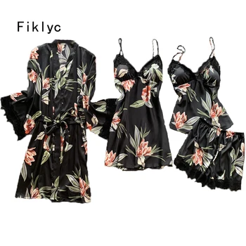 

Fiklyc underwear 4-pieces women's padded chest pajamas sets with floral print long sleeve cute girls nightwear suits NEW