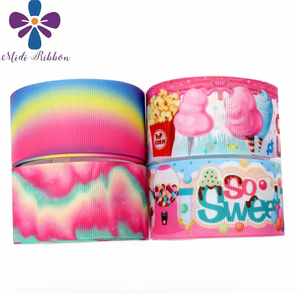 

16mm-75mm Rainbow Gradient Color Popcorn Sweet Cotton Candy Printed Grosgrain/Foe Ribbon Doughnut DIY Hair Bowknots 50yards/roll