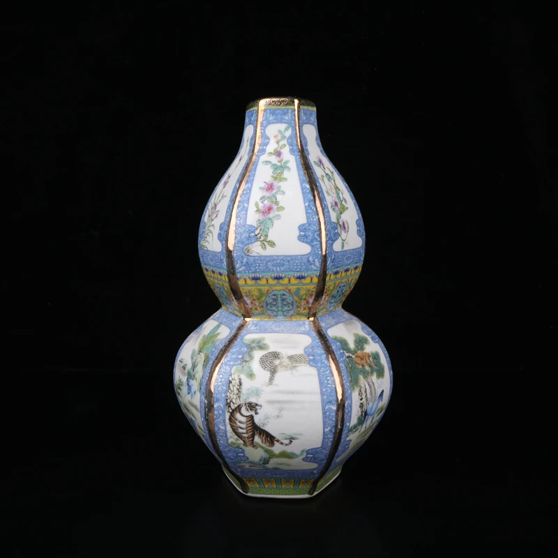 

Exquisite Chinese Antique Colored Enamel Decoration Auspicious 12 Zodiac Figure Gourd Six-Sided Porcelain Vase