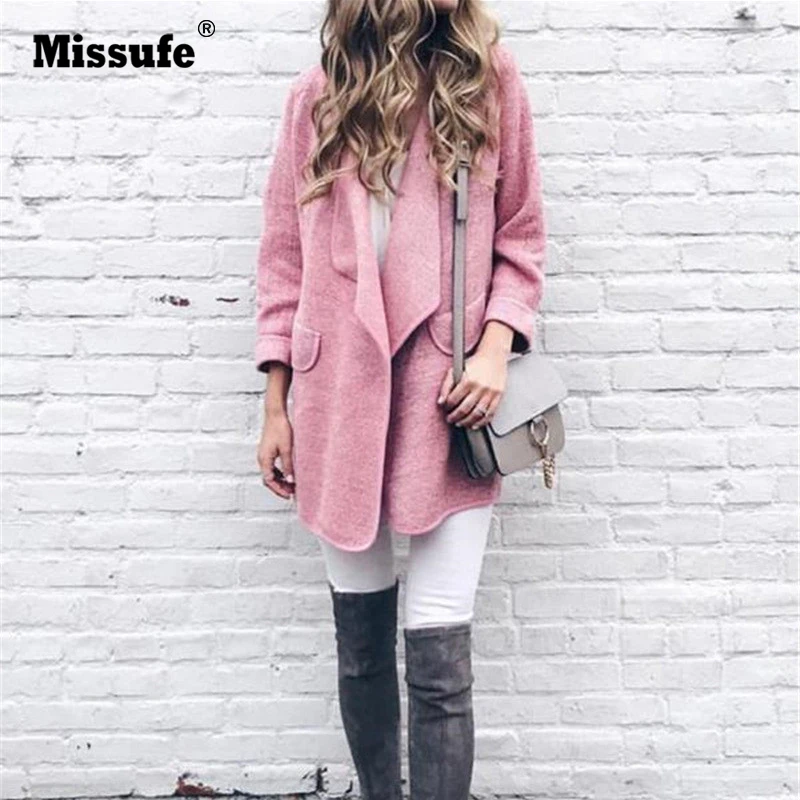 

Missufe Pink Winter Coat Women Turndown Long Coat Collar Overcoat Female Casual Autumn Long Sleeve Pockets Cardigan Outerwear