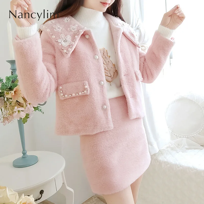 

2019 Fall Winter New Fashion Heavy Bead Lapel Mink Wool Coat + A Line Skirt Two-piece Set Female Ladies Hip Skirts Sets Womens