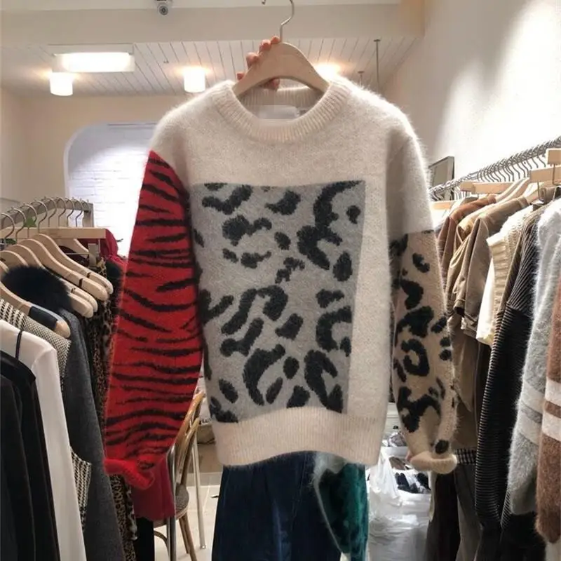 Sueter Mujer Лоскутные вязаные мохеровые свитера женские пуловеры с круглым вырезом свитер с леопардовым принтом