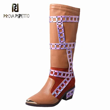 

women knee high boots cool riding casual pointed toe cowhide hollow color matching handsome motorcycle boots