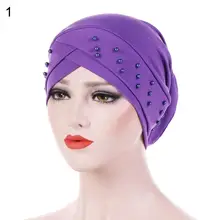 Chapeau Turban élastique en perles pour femmes, casquette de chimiothérapie musulmane contre le Cancer, Hijab pour la tête, couleur unie, nouvelle collection 2020