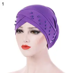 2020 New Women Beads Elastic Turban Hat Muslim Cancer Chemo Cap Hijab Head Wrap Solid Color