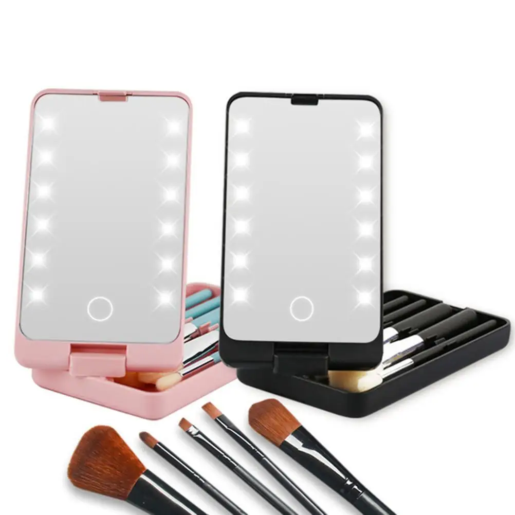 Led Makeup Cosmetic Mirror With Led Full Set Of Brushes Travel Portable Mirror Stroage Box Storage Makeup Organizer Mirror Box