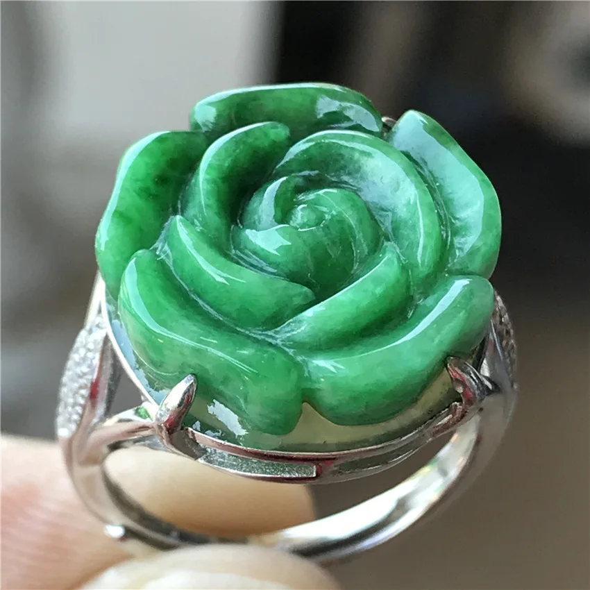 

Natural A goods jade ring 925 silver inlaid jade flower ring face ring