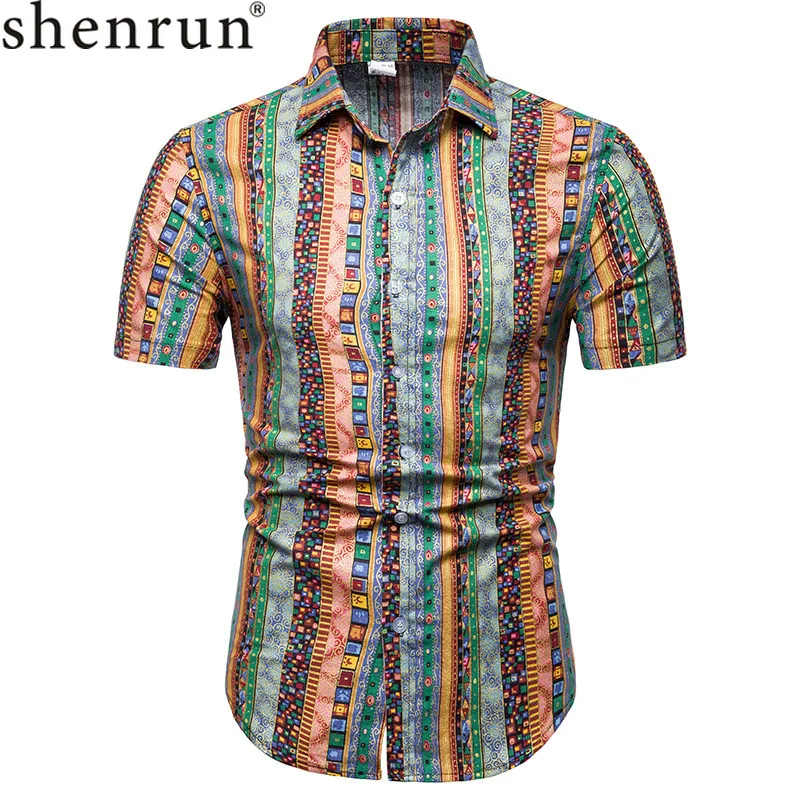 Shenrun Men's Shirts Summer Short Sleeve Ethnic Style Floral Prints Shirt Casual Slim Fit Stage Holiday Beach Tourism Daily Life