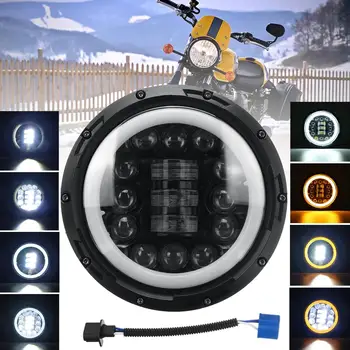 

7" Motorcycle Round Motorcycle LED Headlamp Projector Headlight Turn Signal Light with Halo DRL Hi-L Beam Bracket For Cafe Racer