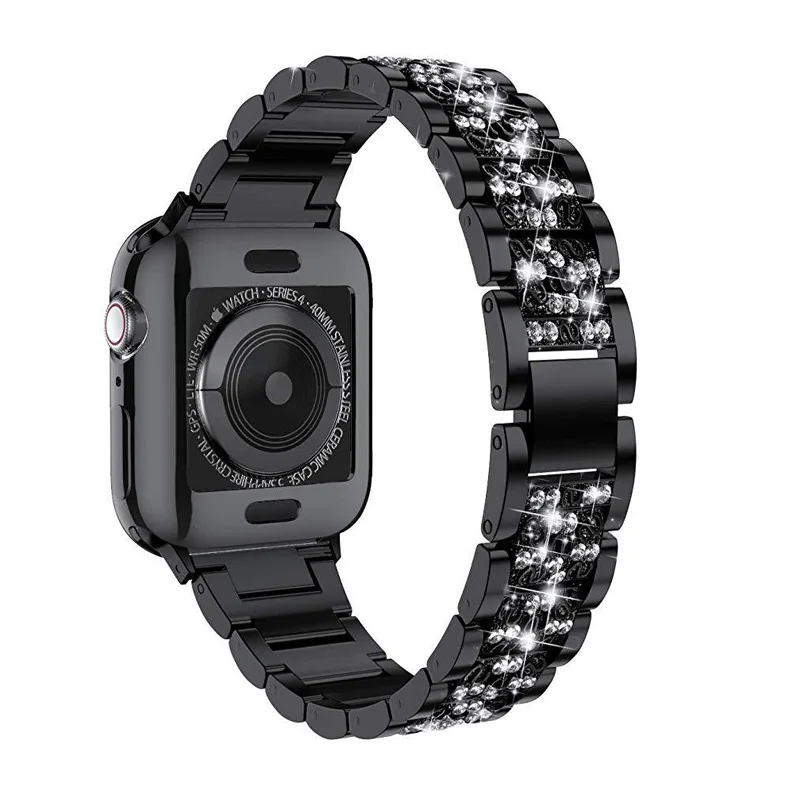 Ремешок для часов 40 мм 44 мм 38 мм 42 мм Женский бриллиантовый ремешок подходит для Apple Watch серии 5 4 3 2 iWatch браслет из нержавеющей стали ремешок - Цвет ремешка: black