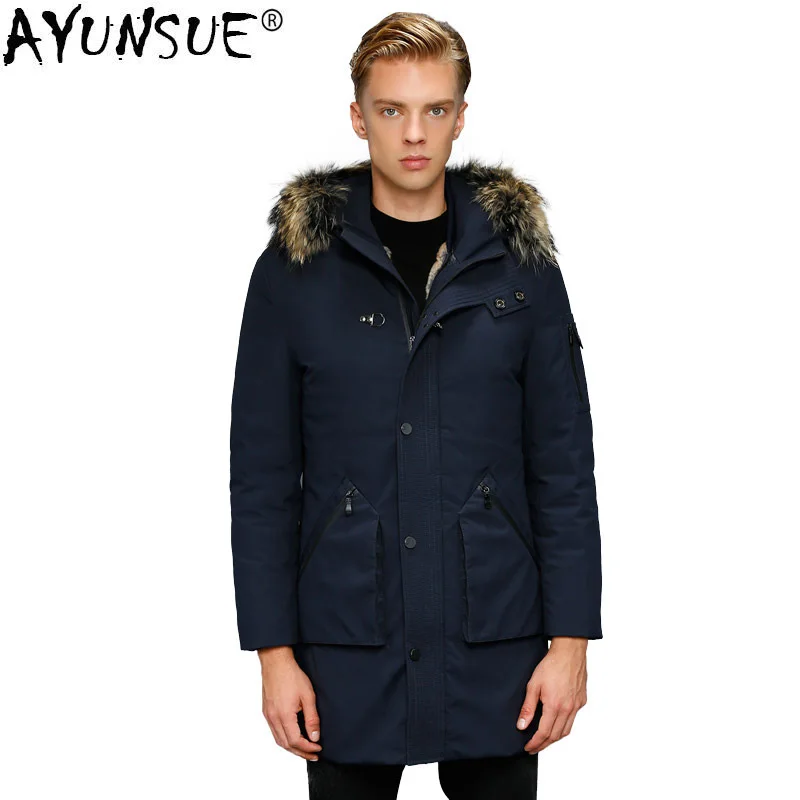 

AYUNSUE Men's Winter Down Jacket Parka Real Rabbit Fur Liner White Goose Down Jacket Raccoon Fur Collar Warm Coat Parkas KJ3102