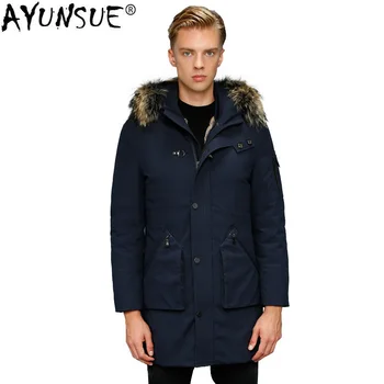 Günstig AYUNSUE Herren Winter Unten Jacke Parka Echt Kaninchen Pelz Liner Weiße Gans Unten Jacke Waschbären Pelz Kragen Warmen Mantel Parkas KJ3102