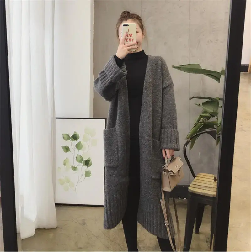 Dark grey Sweater Кардиган, Свитер, женская одежда, элегантный вязаный свитер с длинным рукавом, женский теплый толстый свободный женский свитер, женская верхняя одежда Q2144 - Цвет: Dark grey Sweater