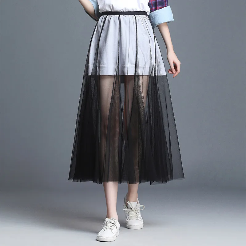 

Thin Gauze Skirt Women's 2019 Autumn And Winter New Style Layer Mesh Dress Outer Wear High-waisted Mid-length Transparent Skirt